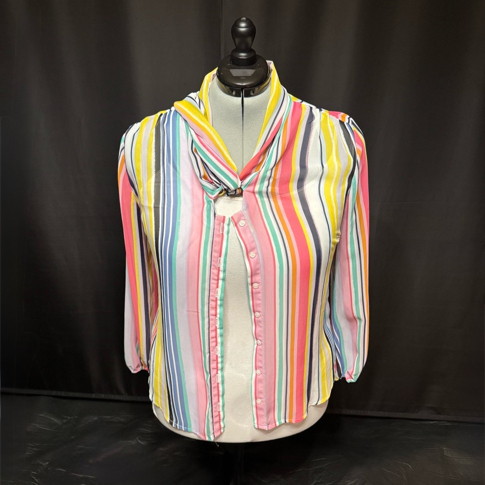 New York & Company Rainbow Sheer Vertical Stripes Tie-Neck Blouse | Size XL - Picture 10 of 16